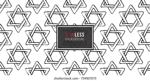 Background with black hand drawing hanukkah celebration symbols: david star. Set of isolated chanukah ceremony decorative art elements on white backdrop