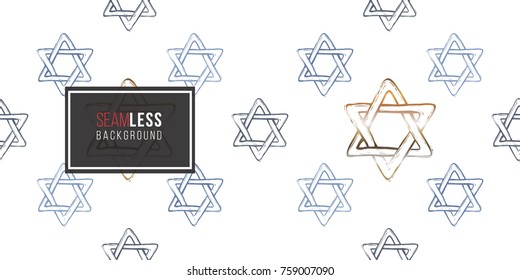 Background with black hand drawing hanukkah celebration symbols: david star. Set of isolated chanukah ceremony decorative art elements on white backdrop