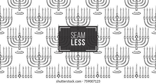 Background with black hand drawing hanukkah celebration symbols: candlestick. Set of isolated chanukah ceremony decorative art elements on white backdrop