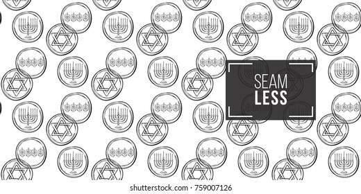 Background with black hand drawing hanukkah celebration symbols: coin. Set of isolated chanukah ceremony decorative art elements on white backdrop