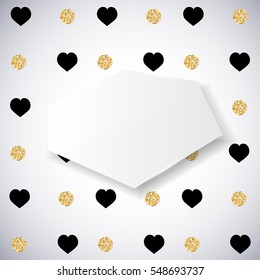Background with black heart and gold glittering circles . Vector illustration