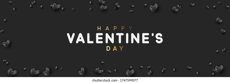 Fondo con corazones negros y cuentas redondas. Feliz Día de San Valentín ilustración vectorial.