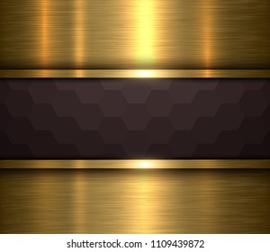 Background black hexagons banner and gold metal texture, elegant vector background.
