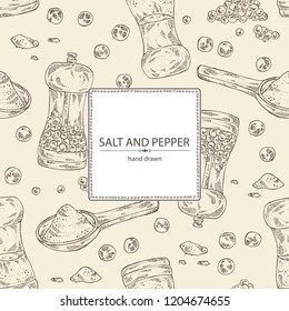 Background with black pepper and sea salt. Mill with pepper and salt shaker. Vector hand drawn illustration. 