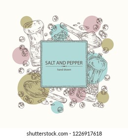 Background with black pepper and sea salt. Mill with pepper and salt shaker. Vector hand drawn illustration. 