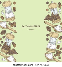Background with black pepper and sea salt. Mill with pepper and salt shaker. Vector hand drawn illustration. 