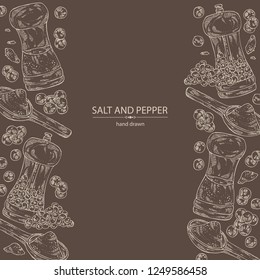 Background with black pepper and sea salt. Mill with pepper and salt shaker. Vector hand drawn illustration. 