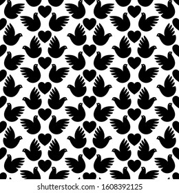 Background with black pigeons and hearts