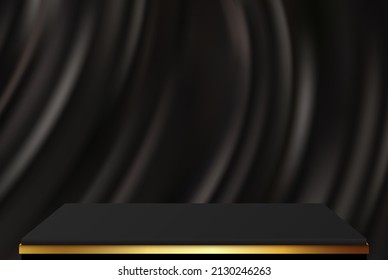 El fondo es un podio negro con brillo dorado y drenaje de seda negro realista.