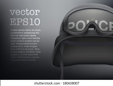 Background of black police helmet and goggles. Space for text. Vector illustration. Metal army symbol of defense and protection. Isolated on white background. Editable.