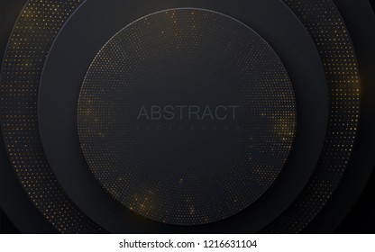 Background with black radial shapes. Abstract layered papercut decoration textured with golden paillettes pattern. 3d backdrop with circle shape layers. Vector illustration. Minimalist cover template