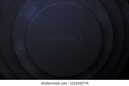 Background with black radial shapes. Abstract layered papercut decoration textured with silver glitters. 3d backdrop with circle shape layers. Vector illustration. Minimalist cover template