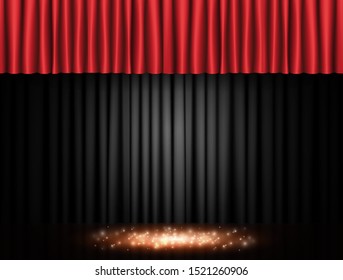 Background with black and red curtain. Design for presentation, concert, show. Vector illustration