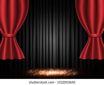 Background with black and red curtain. Design for presentation, concert, show. Vector illustration