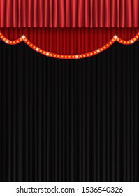 Background with black and red curtain. Design for presentation, concert, show. Vector illustration