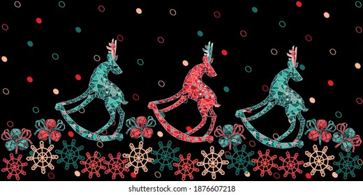 A background in black, red, emerald green and beige colors with christmas deers and jingle bells drawn in modern geometric ice crystal style 