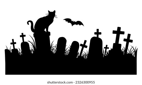 Сemetery background. Black rickety crosses with gravestones with bat and cat silhouette.