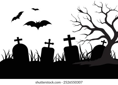 Сemetery background. Black rickety crosses with gravestones with bat and dead tree silhouette