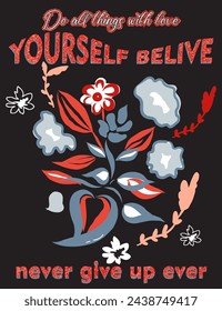 Fondo negro Rosas rojo Brillo de oro vintage abstracto flores impresión con eslogan inspiracional retro para camiseta gráfica o cartel de pegatina Vector