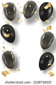 background with black and shiny balls. template for postcard with confetti