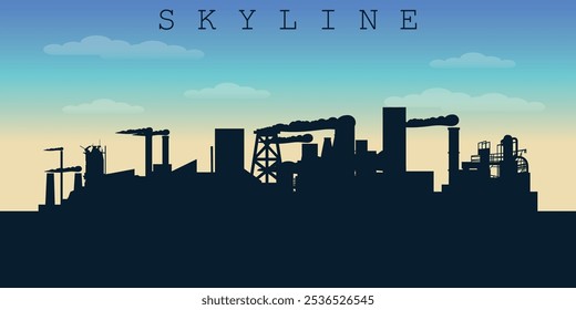 Background with black silhouette of city skyline with plants and factories, on the background of blue sky with clouds and sunrise. Vector