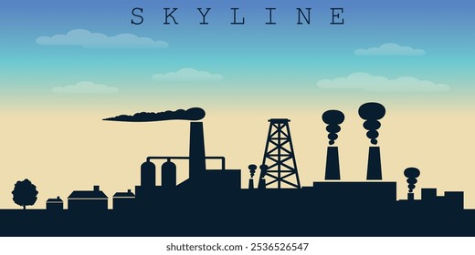 Background with black silhouette of city skyline with plants and factories, on the background of blue sky with clouds and sunrise. Vector