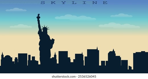 Background with black silhouette of New York city skyline, on the background of blue sky with clouds. Vector