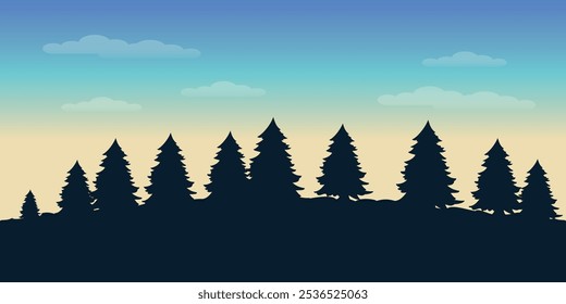Background with black silhouettes of lonely fir trees growing on a hill against blue sky with clouds and sunrise