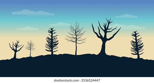 Hintergrund mit schwarzen Silhouetten von einsamen Bäumen ohne Blätter wächst auf einem Hügel gegen blauen Himmel mit Wolken und Sonnenaufgang