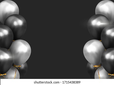 Background with black and silver balloons. Holiday banner, web poster, flyer, cover card, Festive celebrate backdrop ballons. Vector illustration