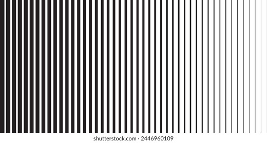 Background with black straight parallel lines of different thicknesses. Simple graphic print. Vertical blinds texture. Vector illustration.