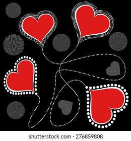 Background - Black background with stylized red hearts and lines, circles and hearts made with white dots Tile that can be used as a pattern. Editable vector.