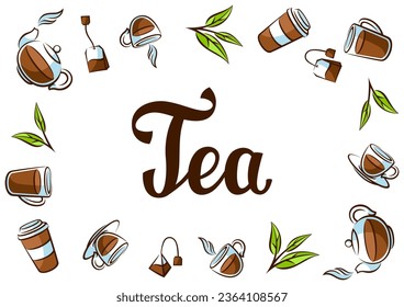 Background with black tea. Illustration with tea and accessories, packs and kettles.