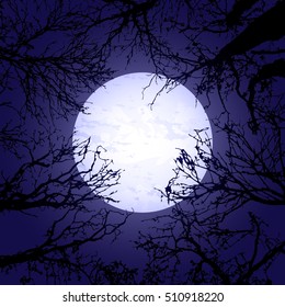 Background with black tree silhouettes and big moon