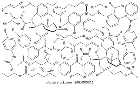 Background of black vector chemical formulae for various molecules on white background