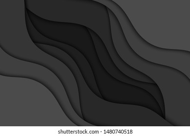 Background with black waves. Abstract wavy black paper background.