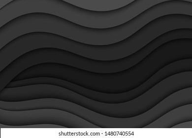 Background with black waves. Abstract wavy black paper background.