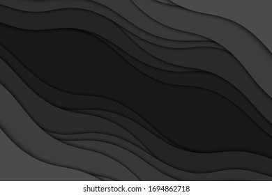 Background with black waves. Abstract wavy black paper background.