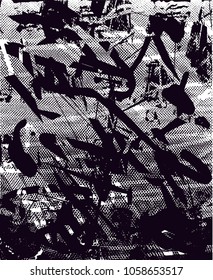 Background black and white abstract texture vector with  dark spots, pale nets, lines and drawing
