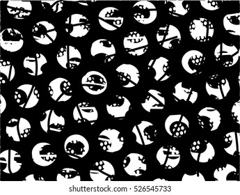 Background black and white abstract texture vector with round dark spots, balls nets and lines
