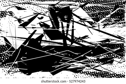 Background black and white abstract texture vector with round dark spots, nets and lines, drawing 