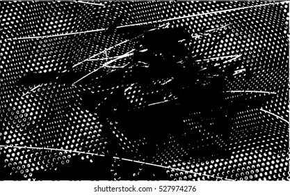 Background black and white abstract texture vector with round dark spots, nets and lines, drawing 