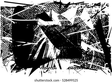 Background black and white abstract texture vector with round dark spots, nets and lines, drawing 