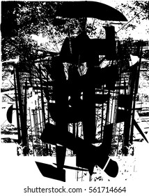 Background black and white abstract texture vector with  dark spots, nets, lines and drawing