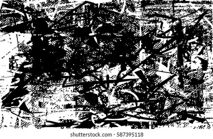Background black and white abstract texture vector with  dark spots, pale nets, lines and drawing
