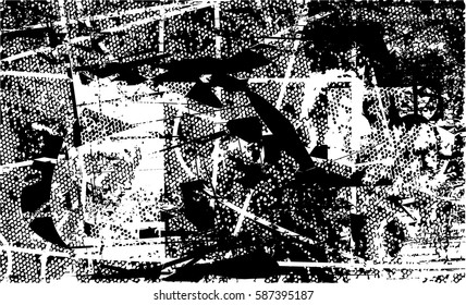 Background black and white abstract texture vector with  dark spots, pale nets, lines and drawing
