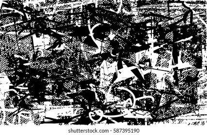 Background black and white abstract texture vector with  dark spots, pale nets, lines and drawing

