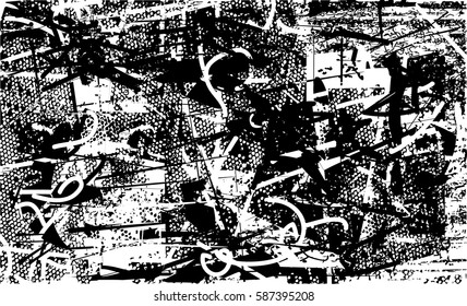 Background black and white abstract texture vector with  dark spots, pale nets, lines and drawing

