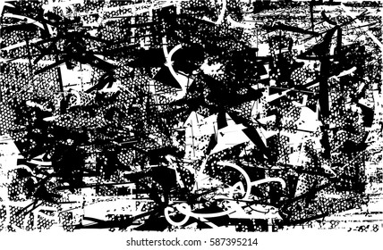 Background black and white abstract texture vector with  dark spots, pale nets, lines and drawing
