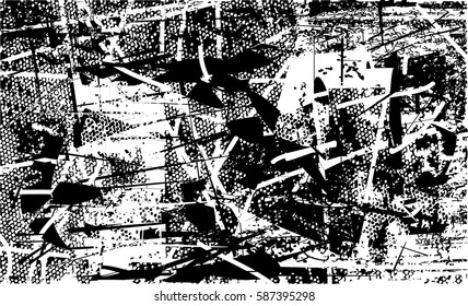 Background black and white abstract texture vector with  dark spots, pale nets, lines and drawing
